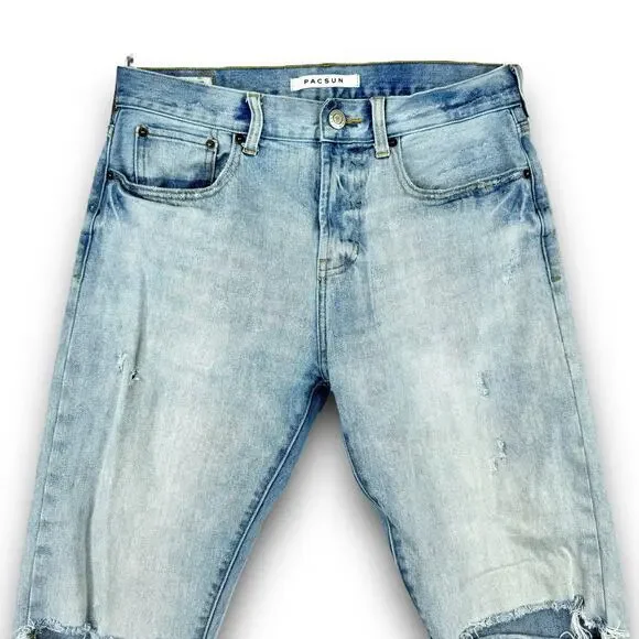 PacSun Mens Slim Fit Tapered Leg Light Ripped Distressed Jeans Light Wash 29x30* - Picture 3 of 13
